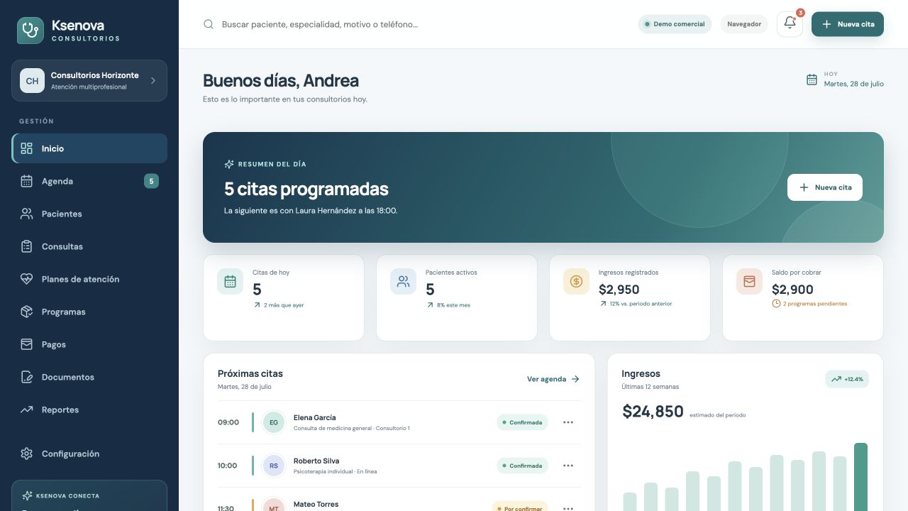 Panel de Ksenova Consultorios con agenda, pacientes, ingresos y próximas citas